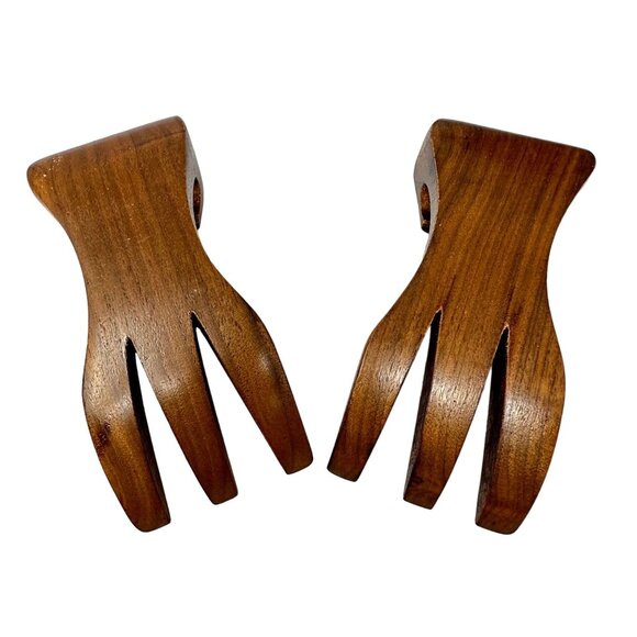 Vintage Burl Walnut 6 4 Salad Bowl With Hanging Utensils MCM Billings Missouri - Picture 9 of 12